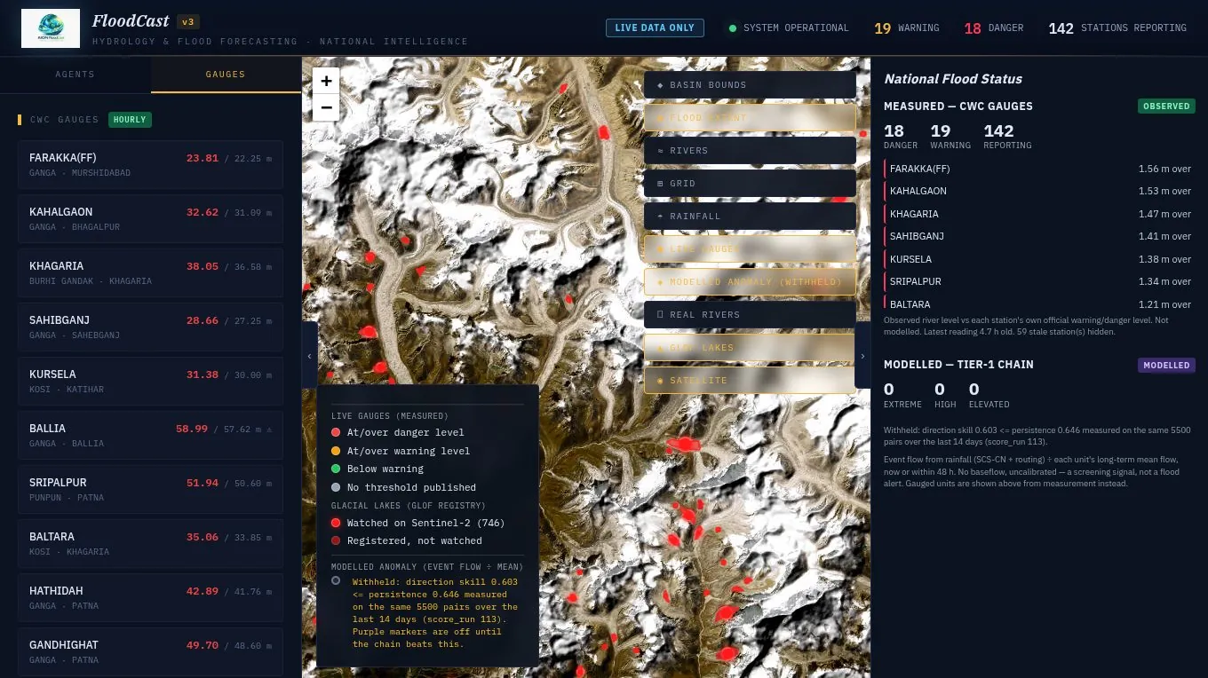 FloodCast zoomed to the Khumbu region showing glacial lake outlines