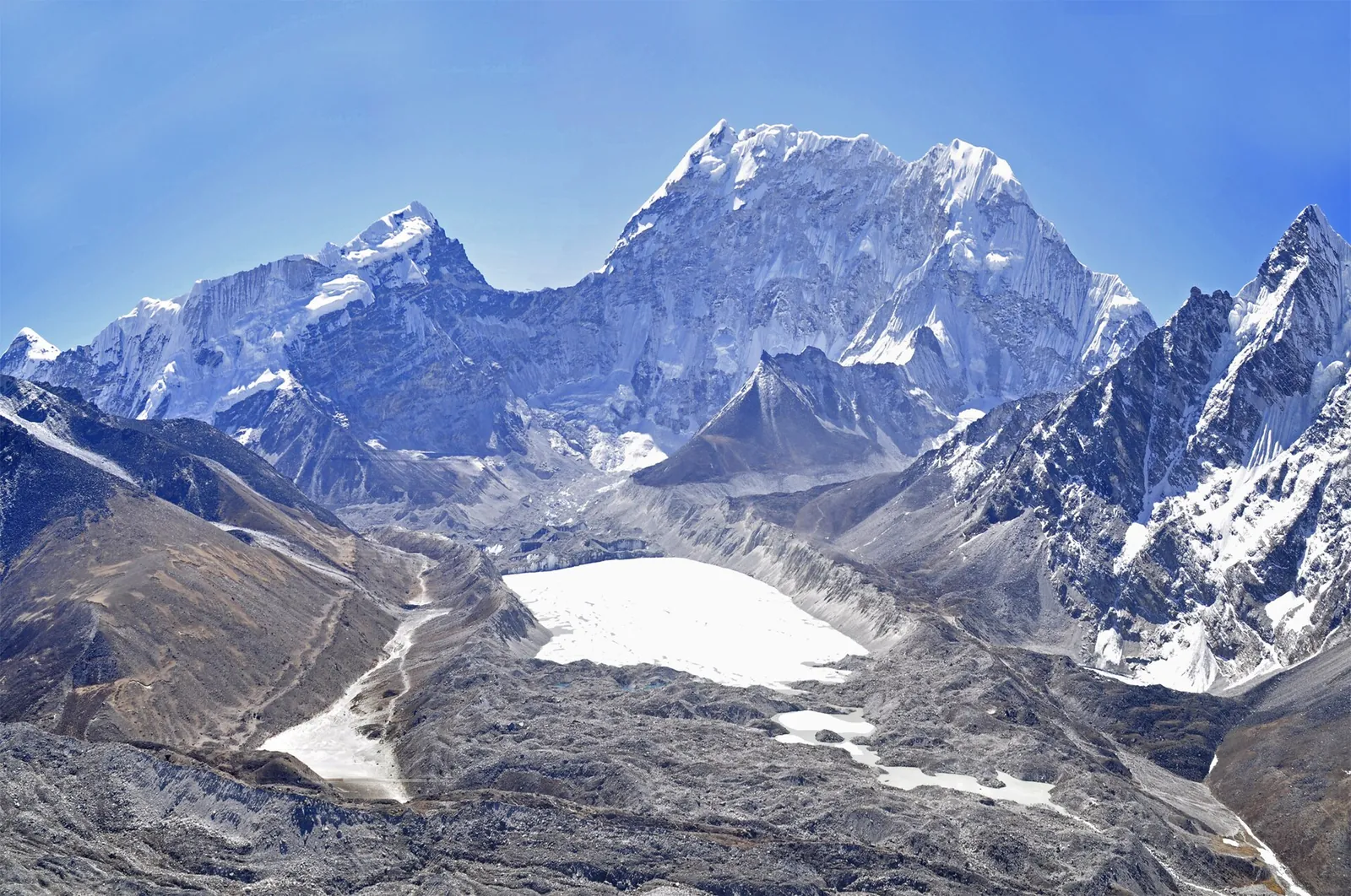 Imja Tsho glacial lake with its outlet channel below the Himalaya