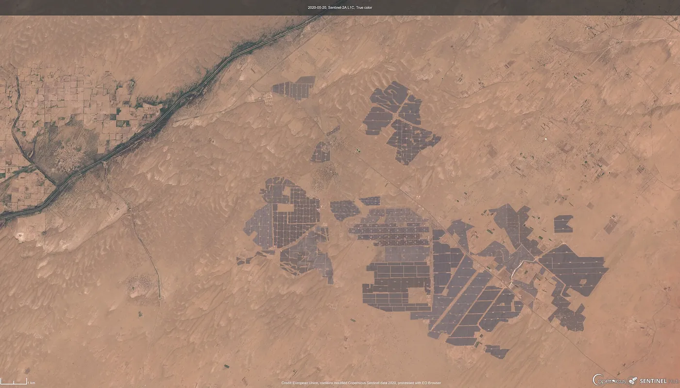 Sentinel-2 satellite image of a solar park in the Thar desert