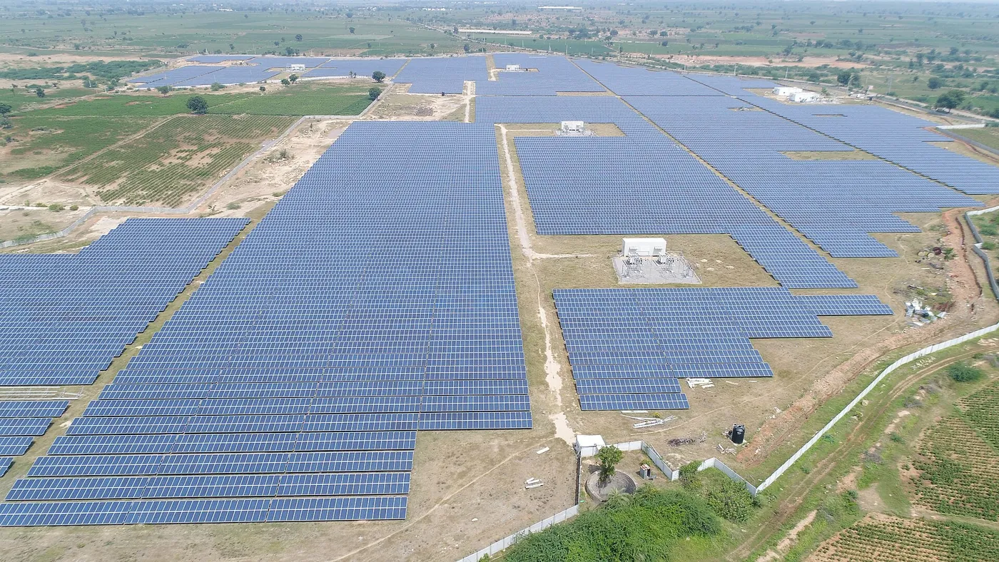 Aerial view of a large solar plant in Telangana
