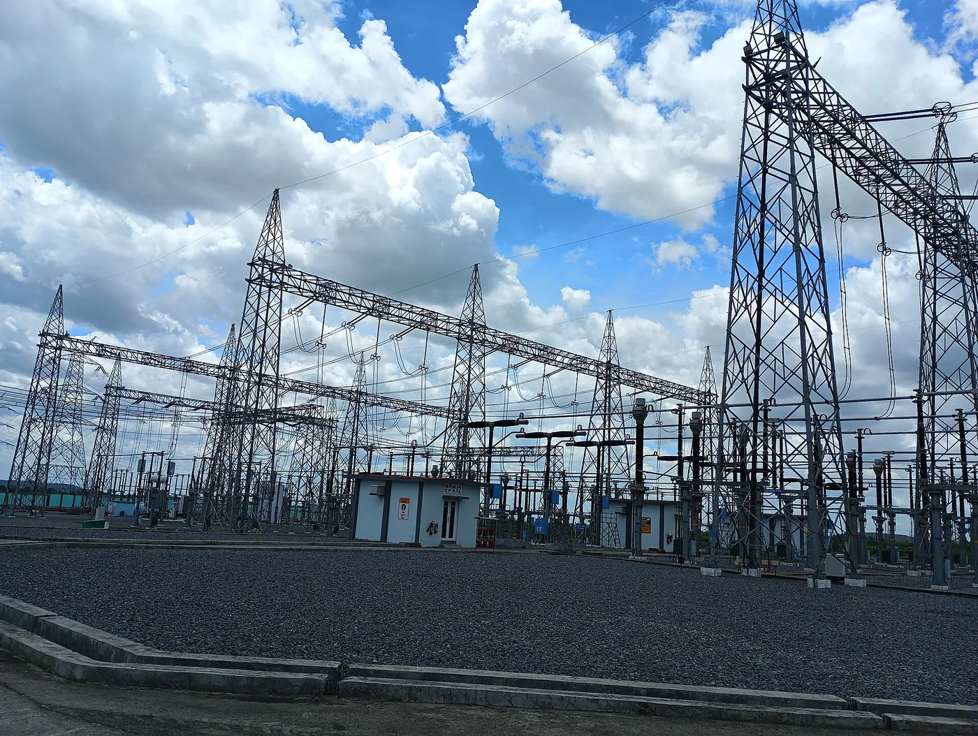 A 400 kV substation with gantries and transformers