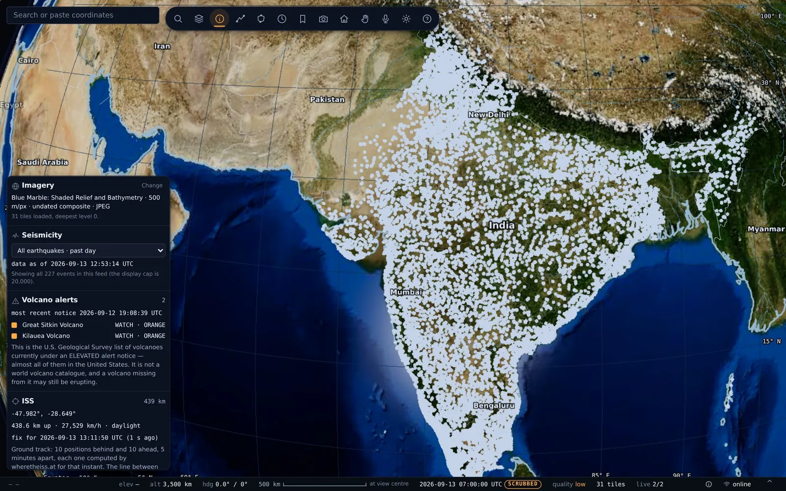 TerraLens globe over India with 50,062 hospitals drawn as a layer